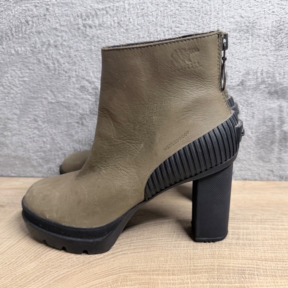 Sorel Dacie Ankle Boot Women 6 Green Waterproof Leather Rear Zip Block Heel‎ Lug